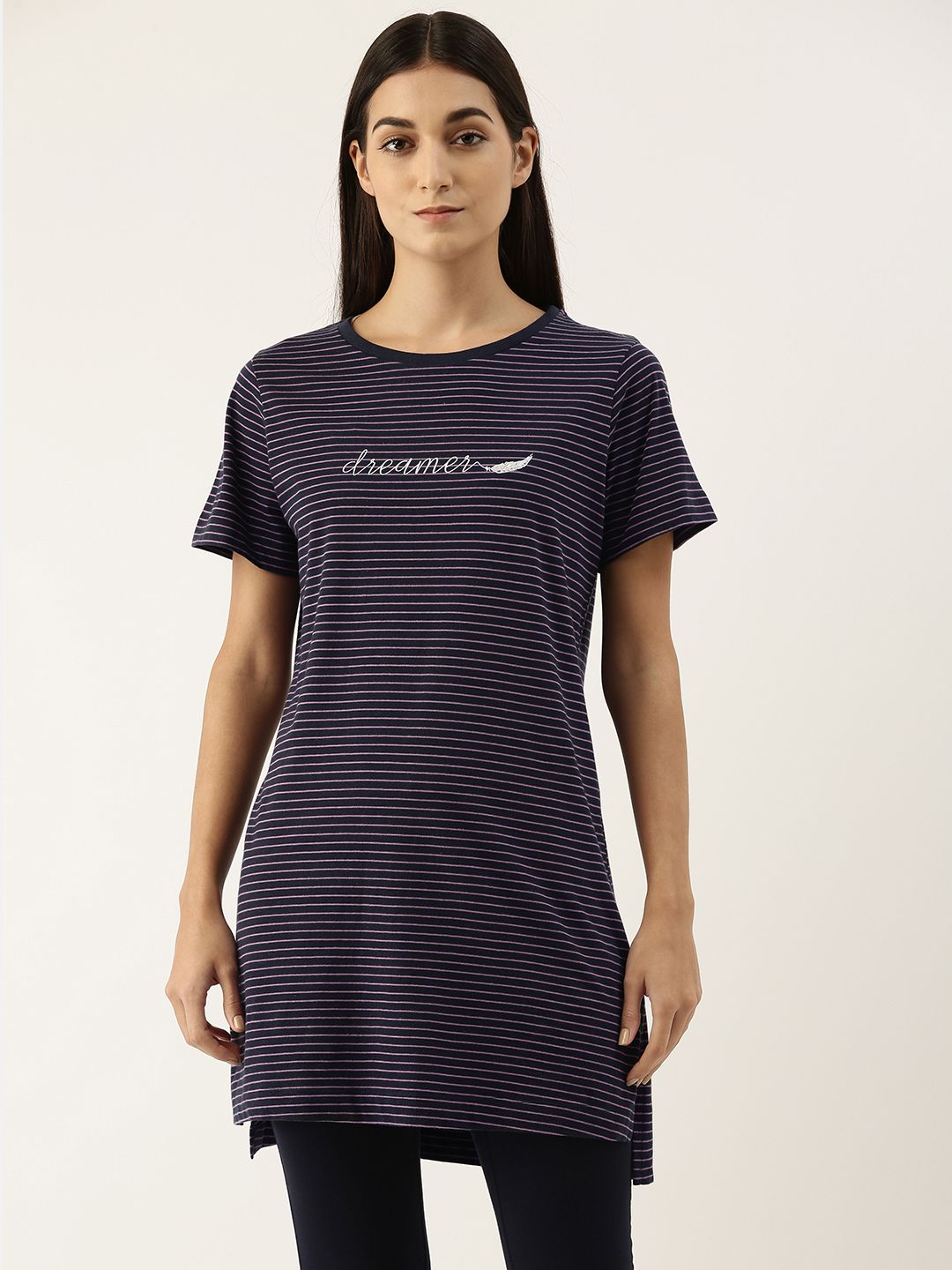 Enamor Womens Navy Blue Short Sleeve Cotton Long Tee Price in India