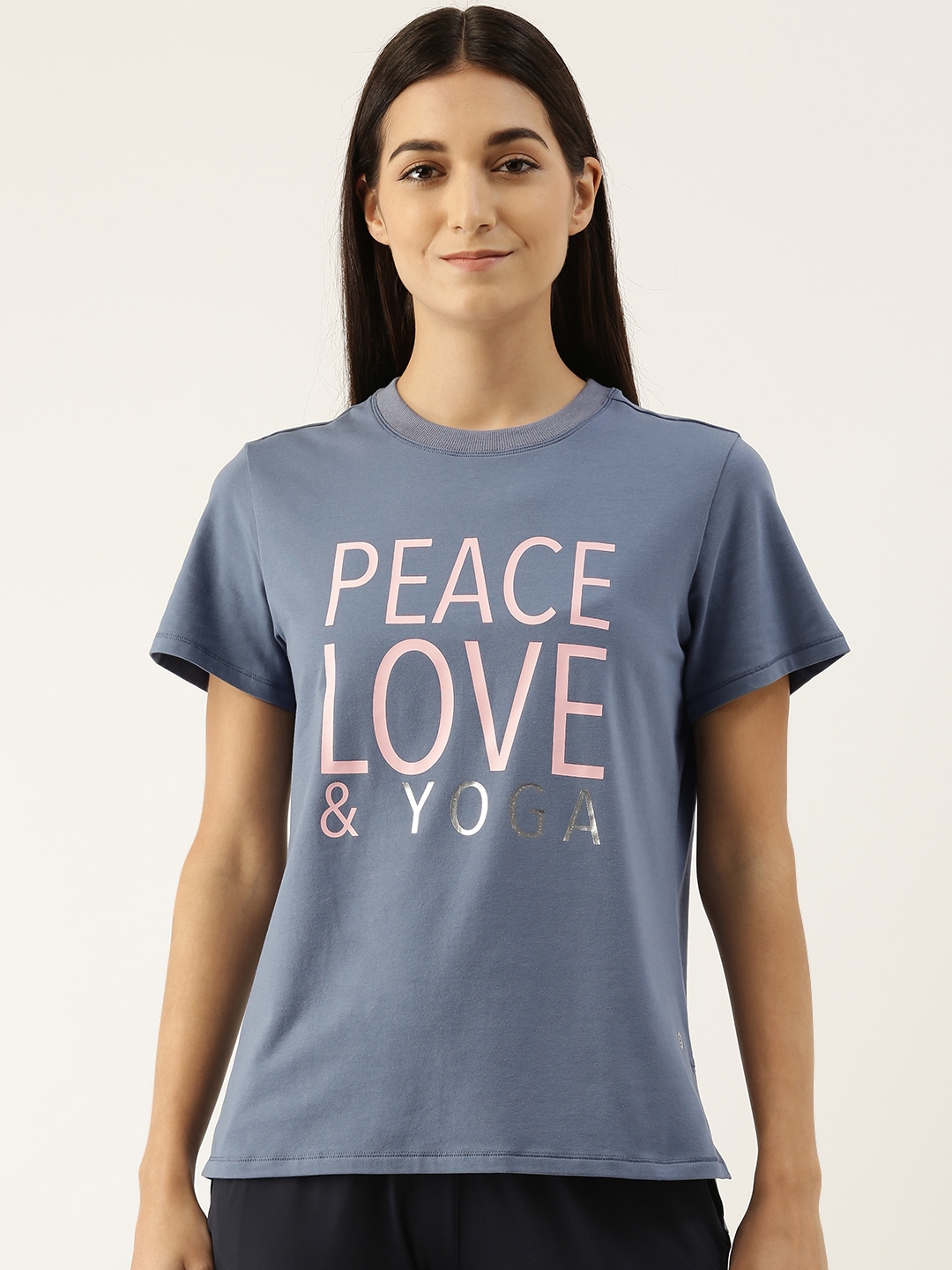 Enamor Women Navy Blue Printed Antimicrobial Yoga T-shirt Price in India