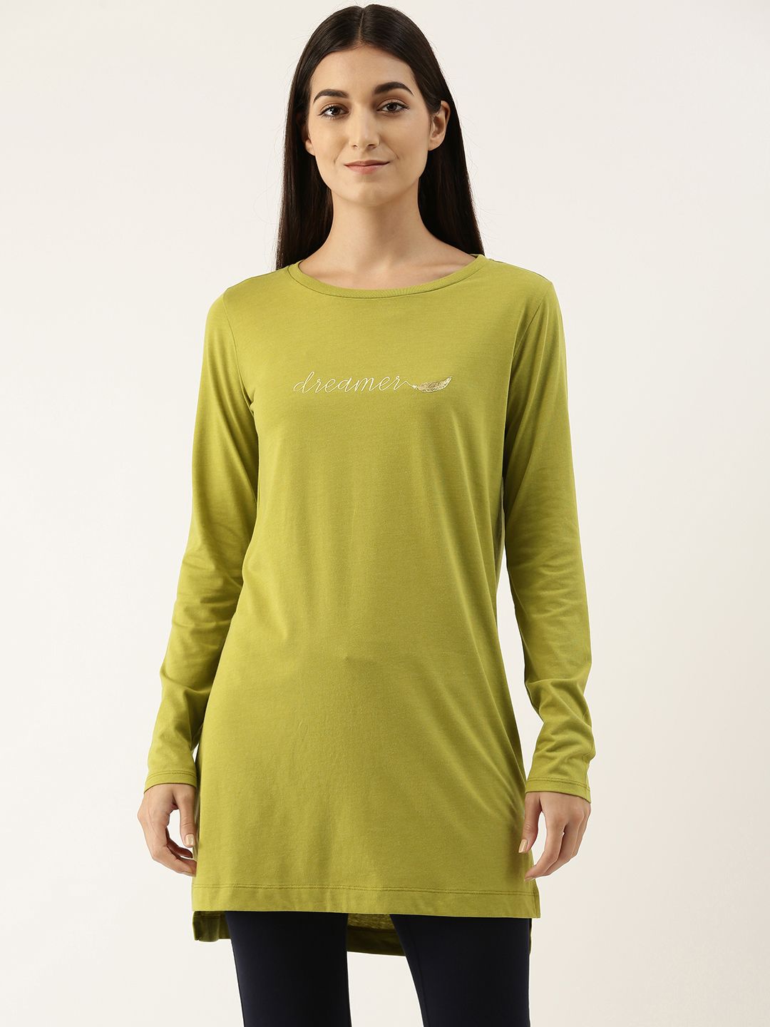 Enamor Womens Lime Green Essential Long Sleeve Cotton Tunic Tee Price in India