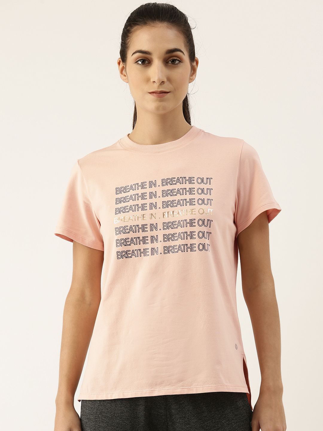 Enamor Women Pink Printed Antimicrobial Yoga T-shirt Price in India