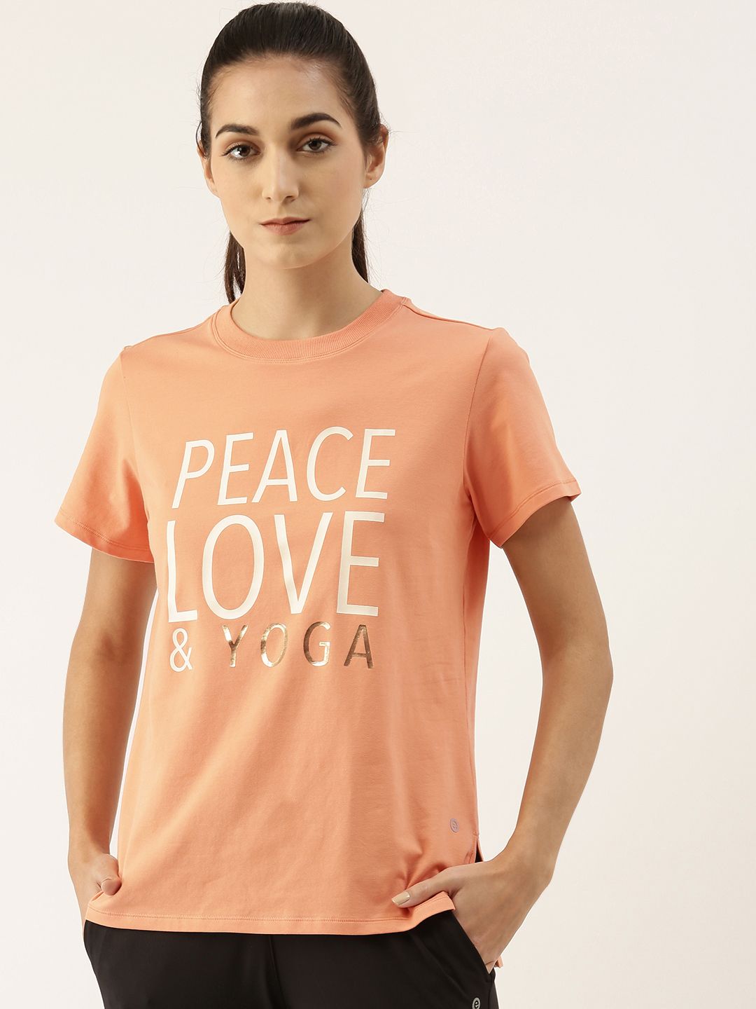 Enamor Women Orange Cotton Printed Antimicrobial Yoga T-shirt Price in India