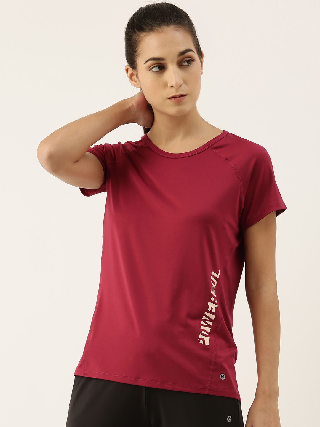 Enamor Women Burgundy Printed Antimicrobial Outdoor T-shirt Price in India