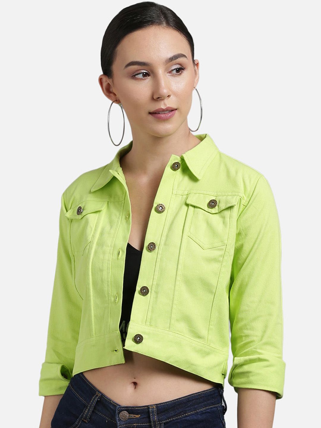 FurryFlair Women Green Crop Denim Jacket Price in India