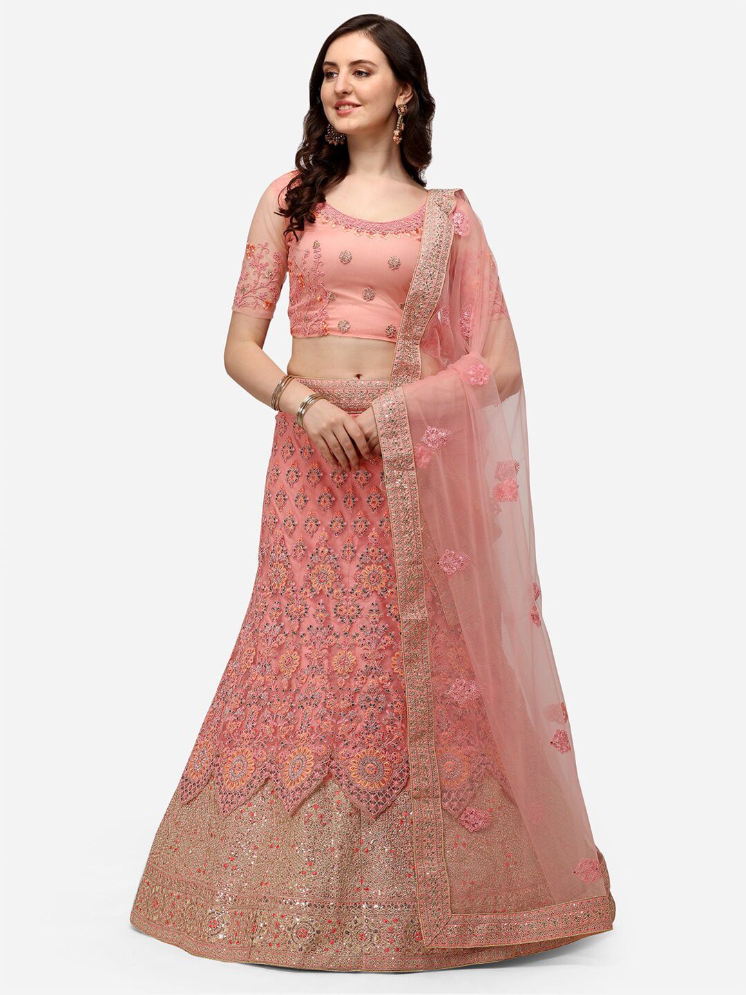 VRSALES Pink Embroidered Semi-Stitched Lehenga & Unstitched Blouse With Dupatta Price in India