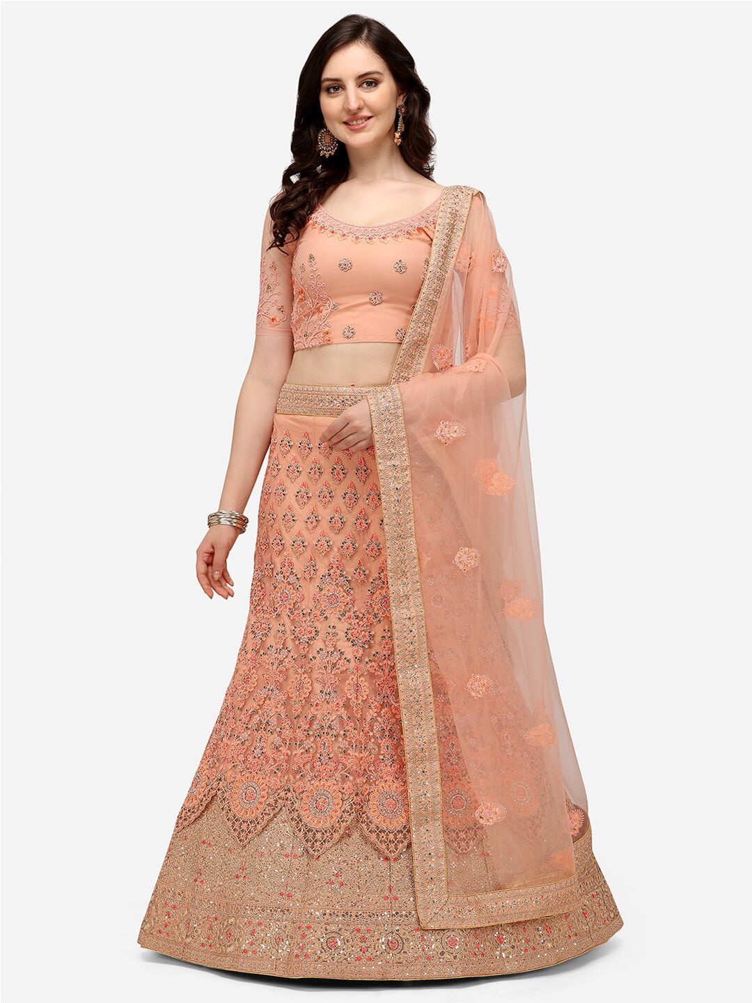 VRSALES Peach-Coloured Embroidered Semi-Stitched Lehenga & Unstitched Blouse With Dupatta Price in India