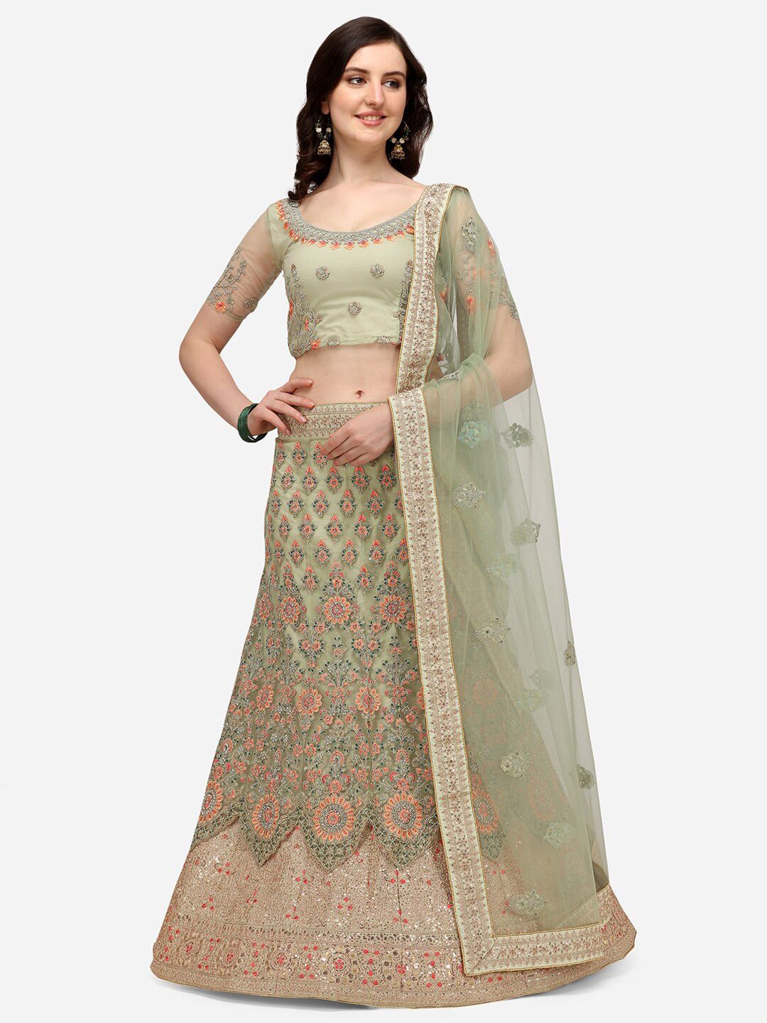 VRSALES Lime Green Embroidered Semi-Stitched Lehenga & Unstitched Blouse With Dupatta