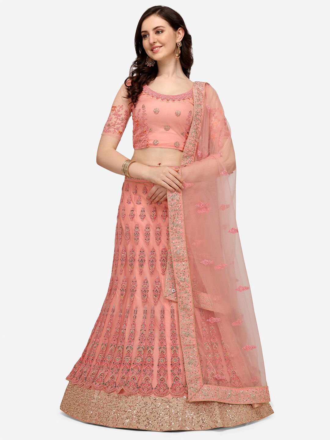 VRSALES Pink Embroidered Semi-Stitched Lehenga & Unstitched Blouse With Dupatta Price in India