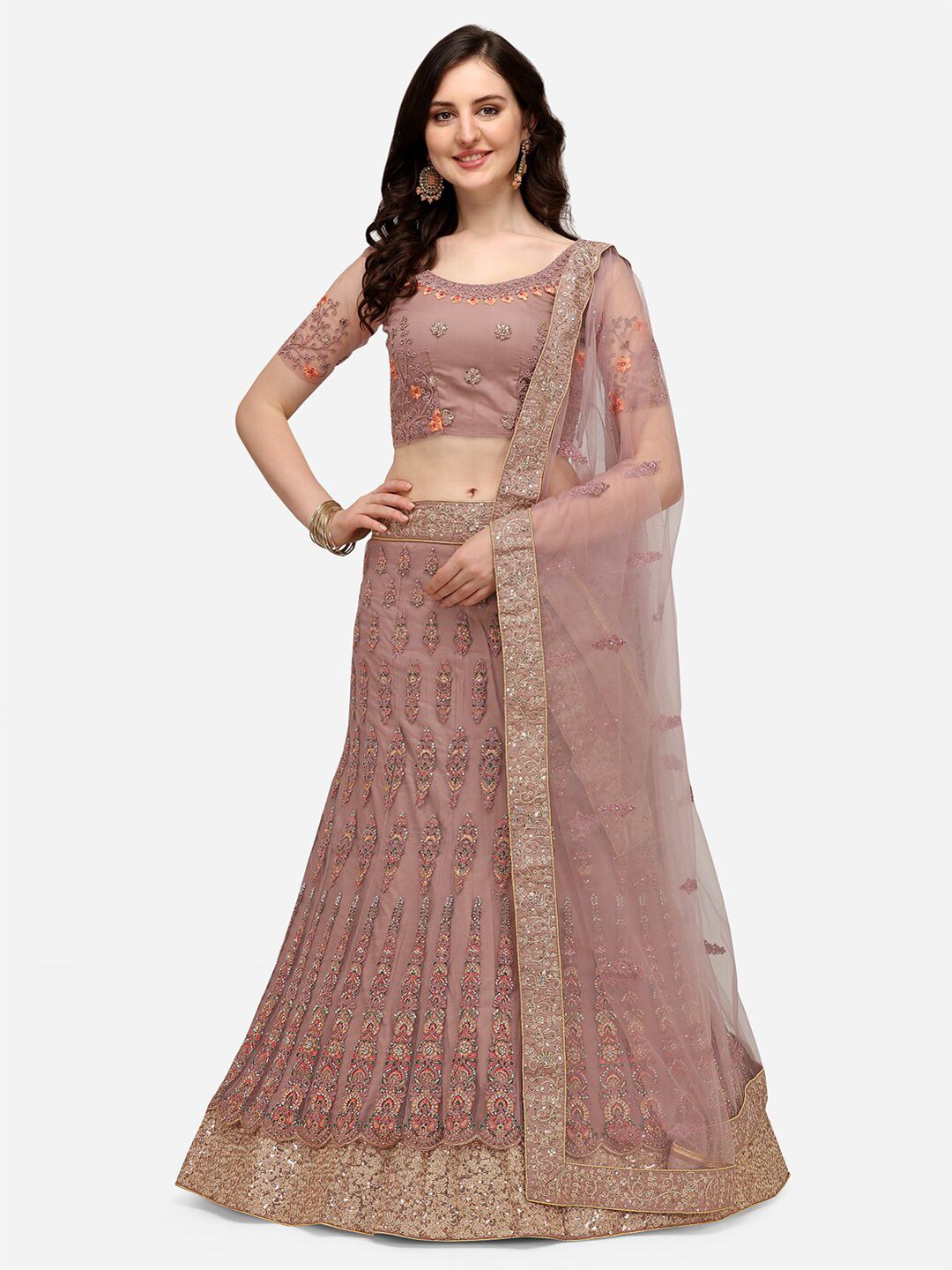 VRSALES Mauve & Orange Embroidered Beads and Stones Semi-Stitched Lehenga & Unstitched Blouse With Dupatta