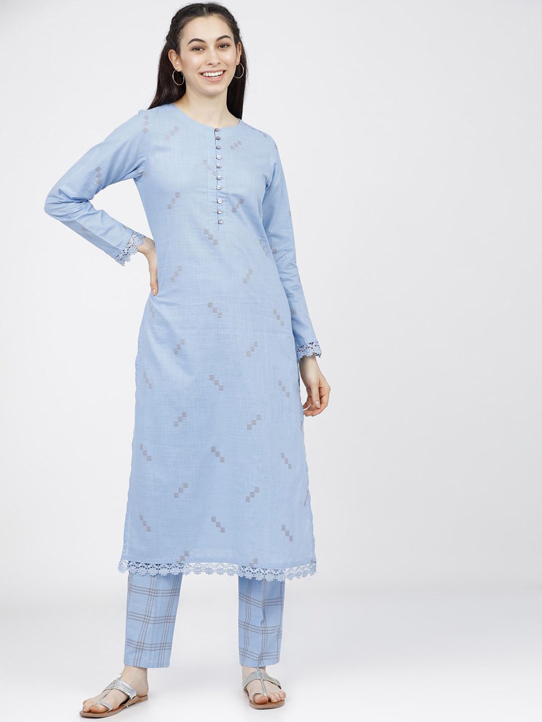 Vishudh Women Blue Printed Regular Pure Cotton Kurta With Trousers