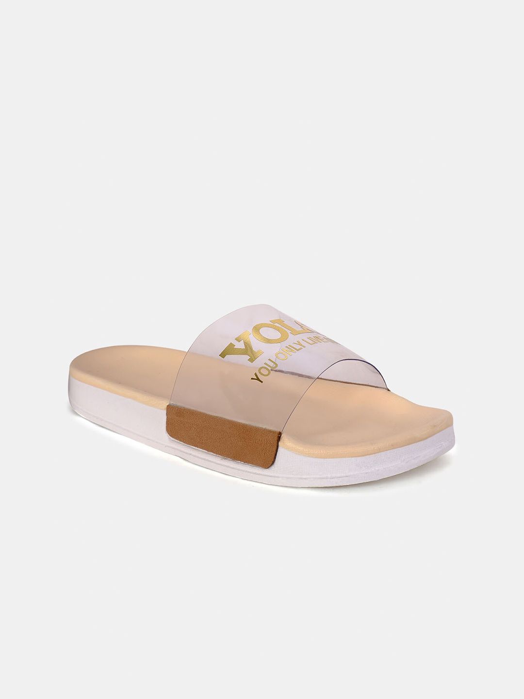 FREECO Women Beige & Transparent Printed Sliders Price in India