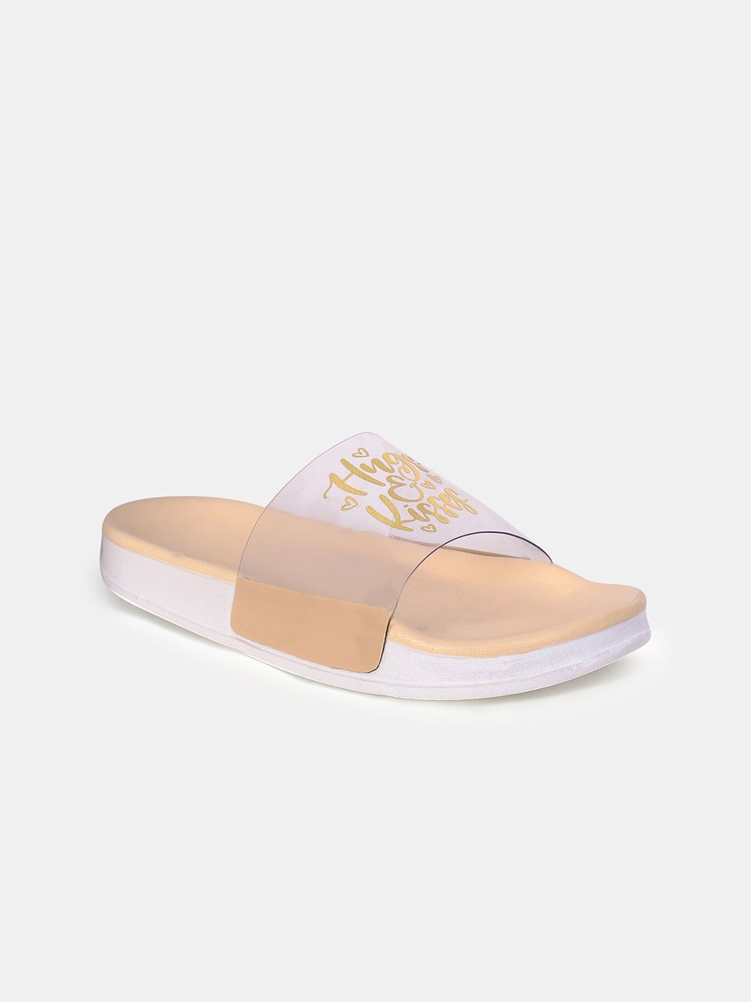 FREECO Women Beige & White Printed Sliders Price in India