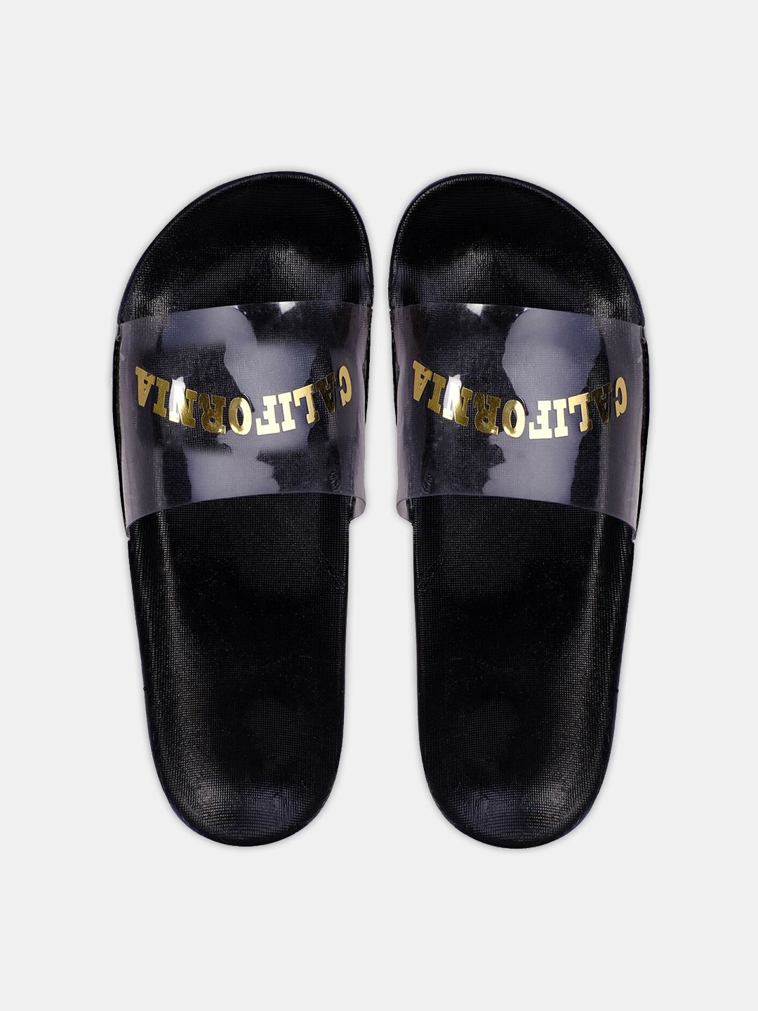 FREECO Women Black & Transparent Printed Sliders Price in India