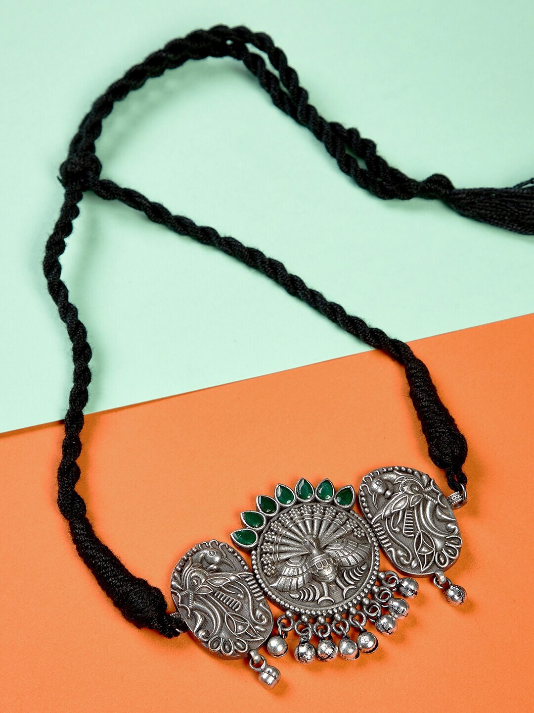 GloBox By ZeroKaata Silver-Toned & Black Brass Silver-Plated Oxidised Necklace Price in India