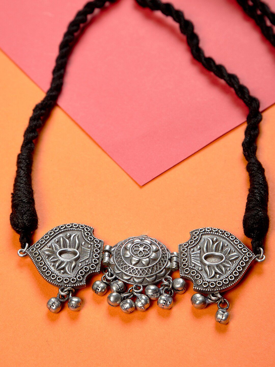 GloBox By ZeroKaata Women Silver-Toned & Black Brass Silver-Plated Oxidised Necklace Price in India
