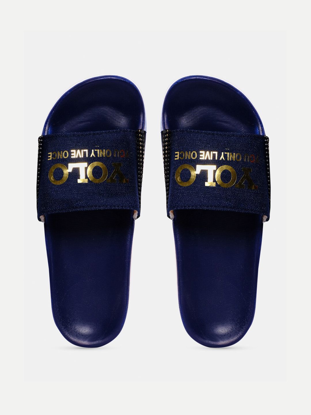 FREECO Women Navy Blue & Gold-Toned Printed Sliders Price in India