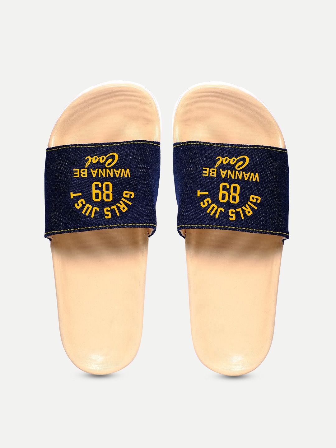 FREECO Women Blue & Peach-Coloured Printed Sliders Price in India