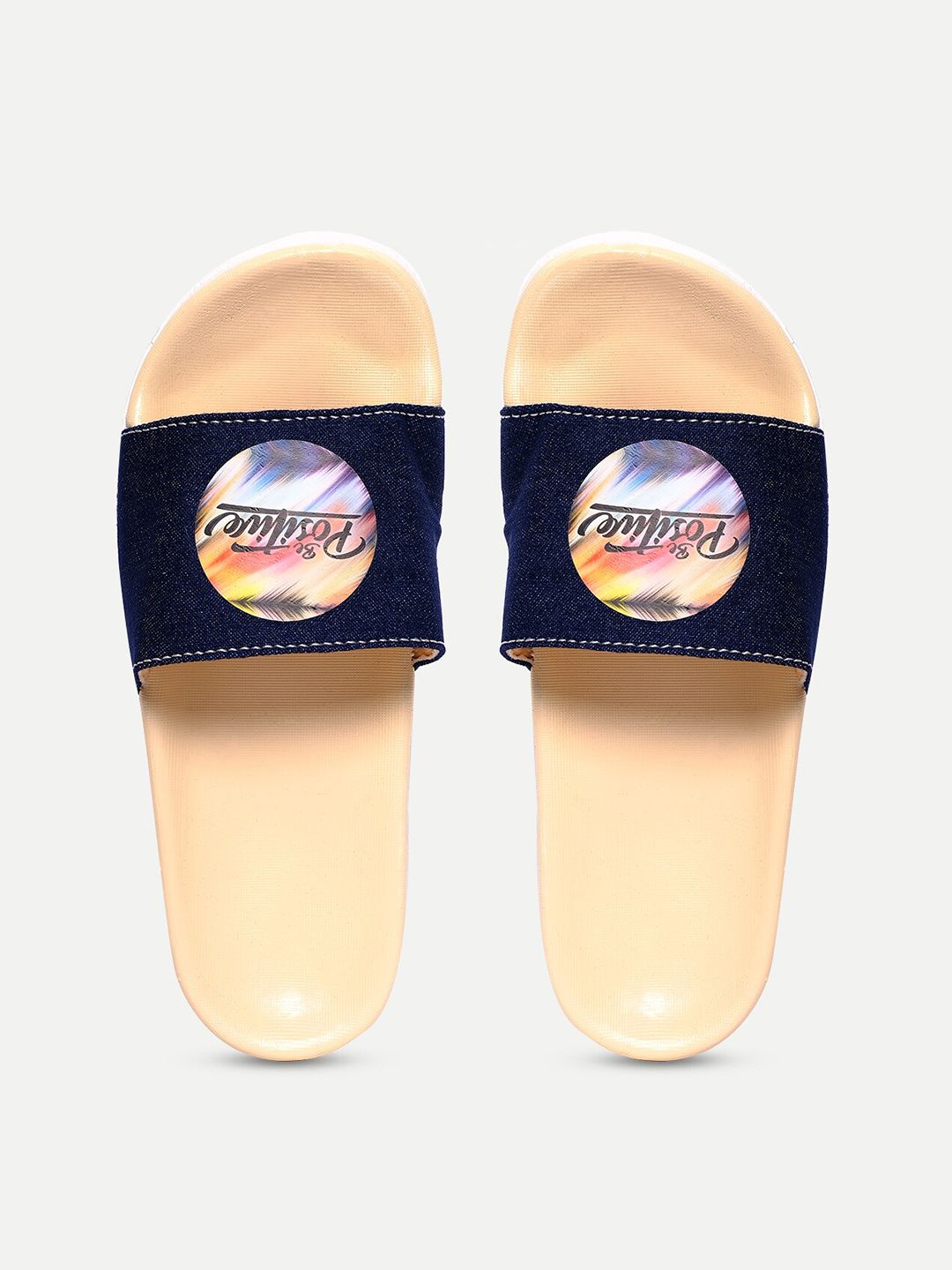 FREECO Women Blue & Peach-Coloured Printed Sliders Price in India