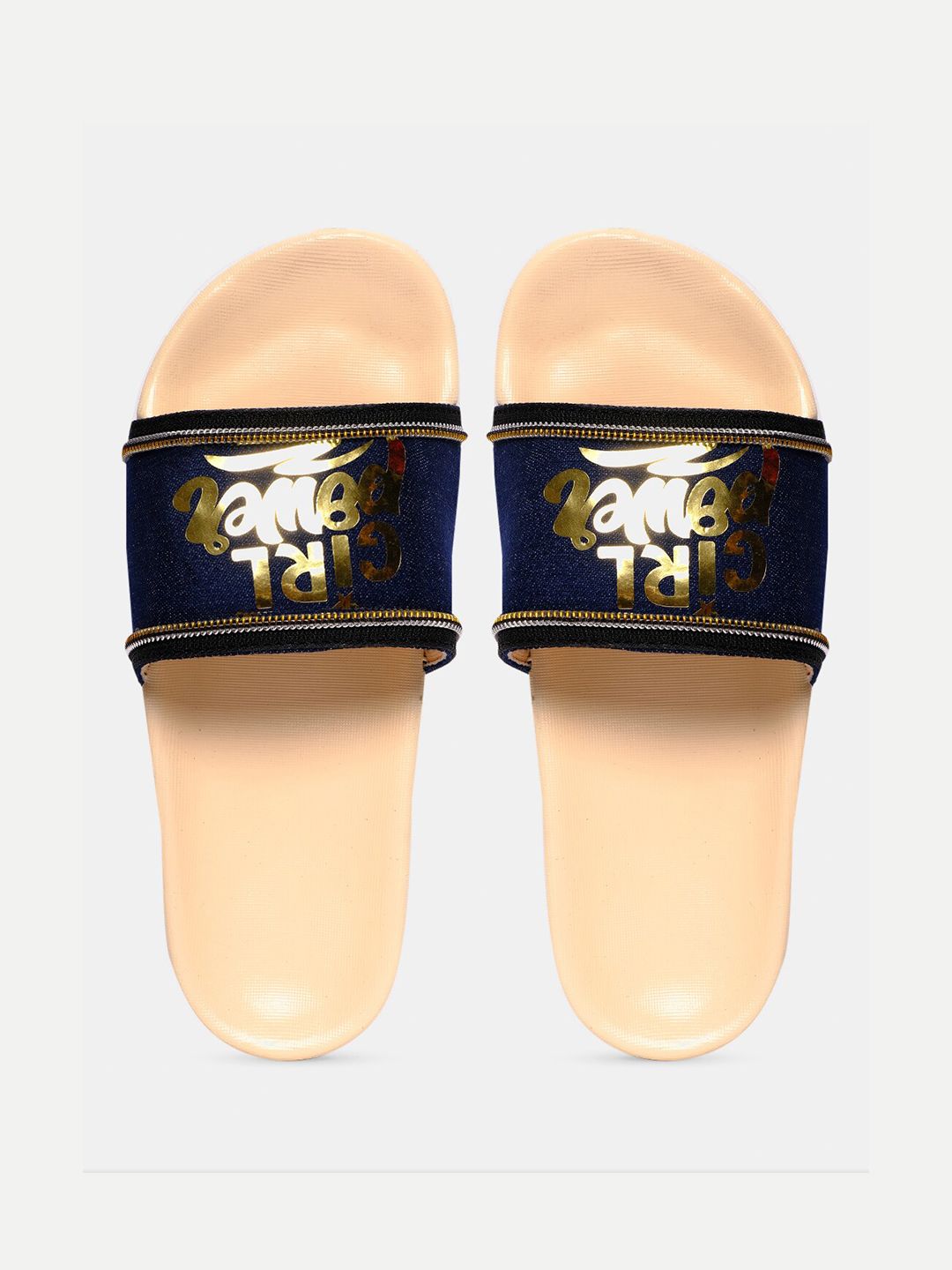 FREECO Woman Navy Blue & Gold Printed Slider Flip Flops Price in India