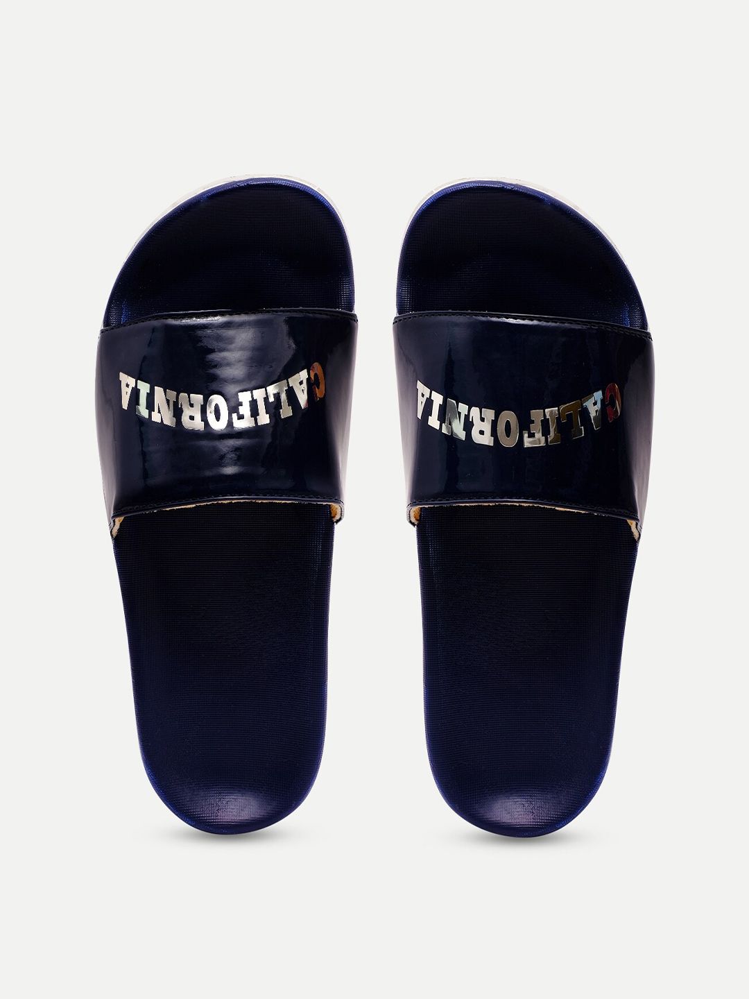 FREECO Women Navy Blue & Silver-Toned Printed Sliders Price in India