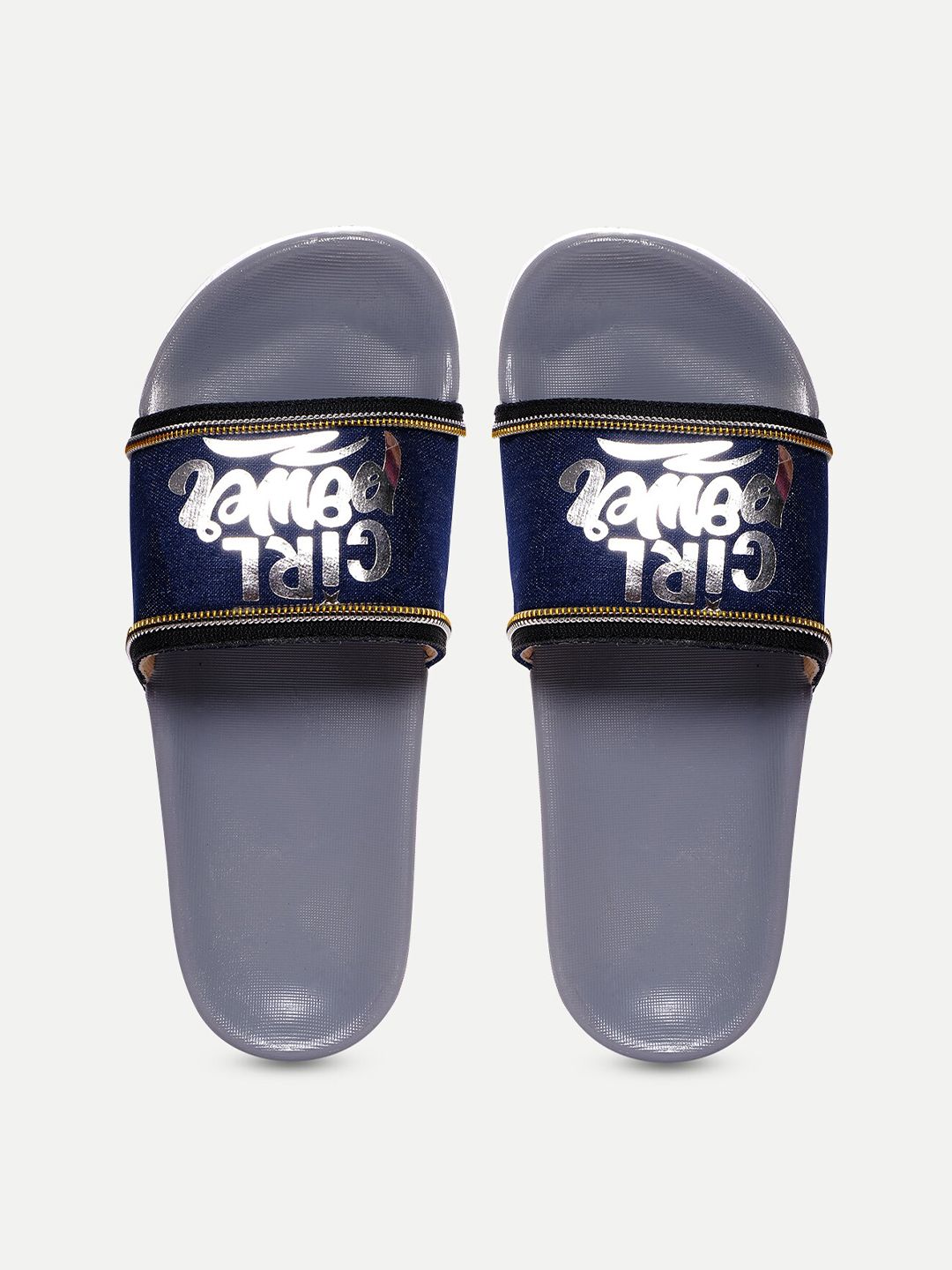 FREECO Women Navy Blue & Grey Printed Sliders Price in India