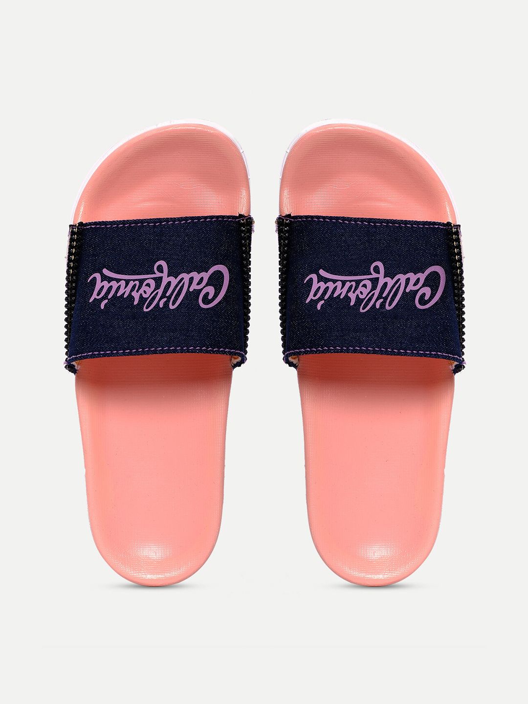 FREECO Women Peach-Coloured & Navy Blue Printed Sliders Price in India