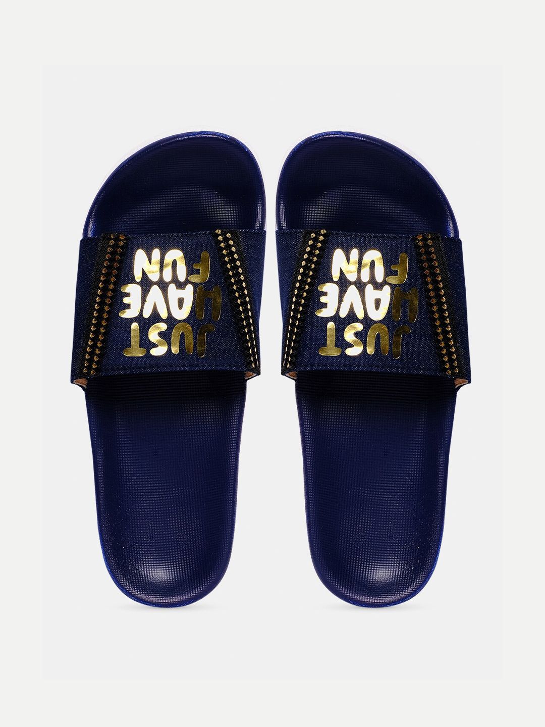 FREECO Women Blue & Gold-Toned Printed Sliders Price in India