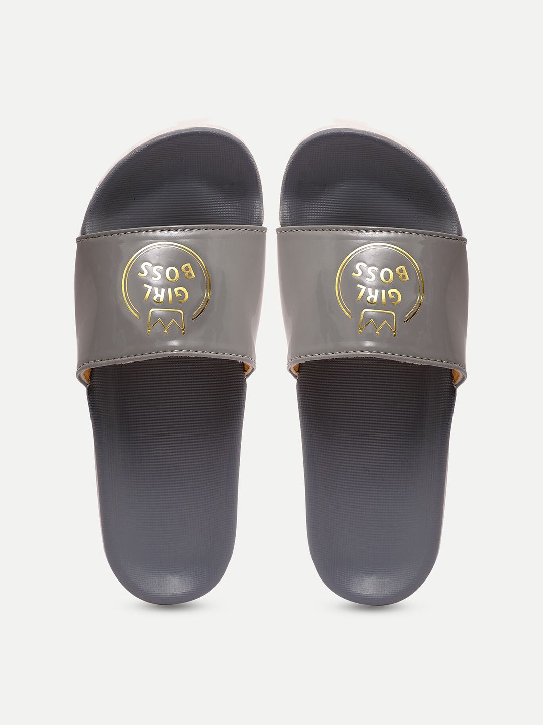 FREECO Women Grey & Gold-Toned Printed Sliders Price in India