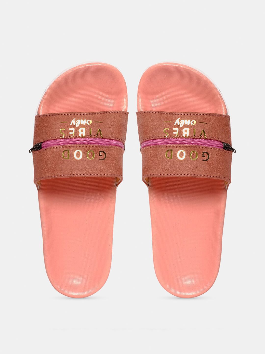 FREECO Women Pink & Gold-Toned Printed Sliders Price in India