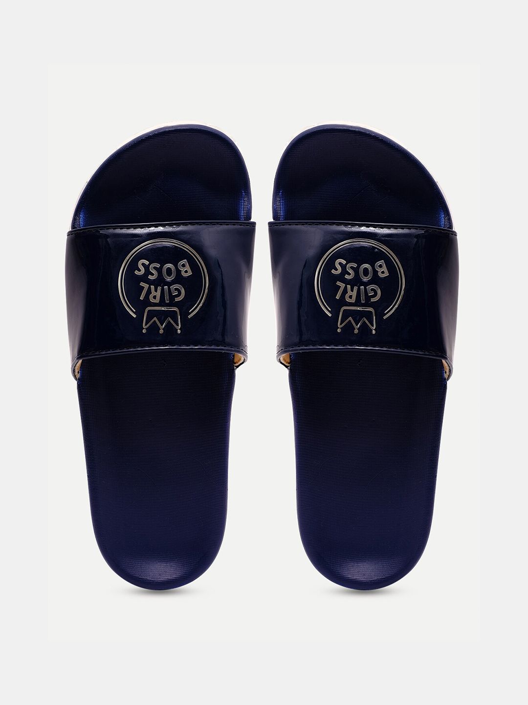 FREECO Women Navy Blue & Silver-Toned Printed Sliders Price in India