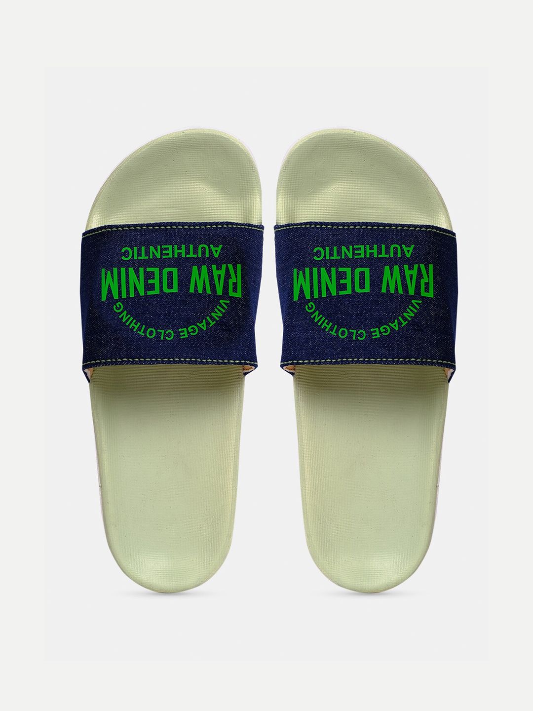 FREECO Women Navy Blue & Green Printed Slider Flip Flops Price in India