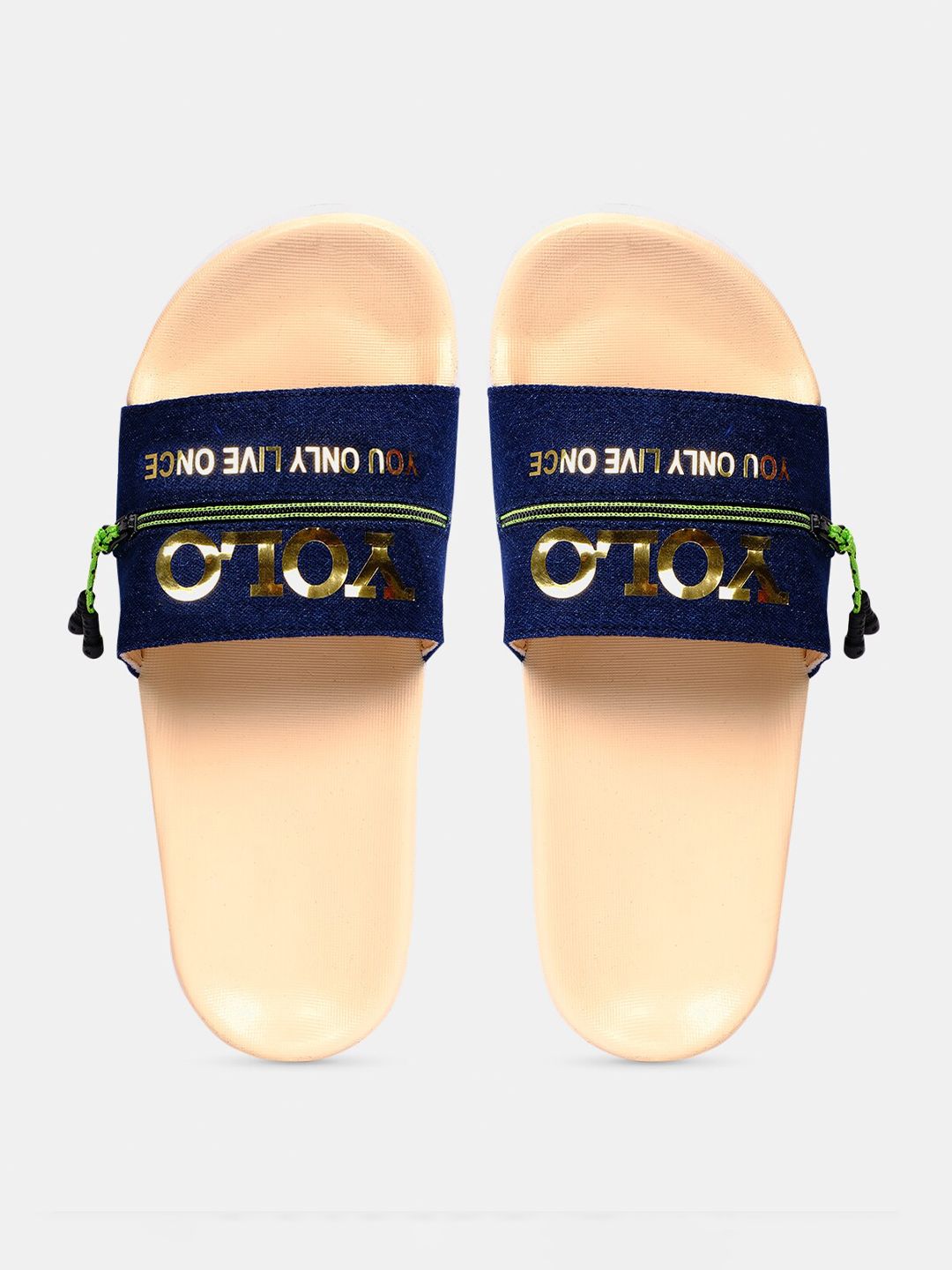 FREECO Women Blue & Gold-Toned Printed Sliders Price in India