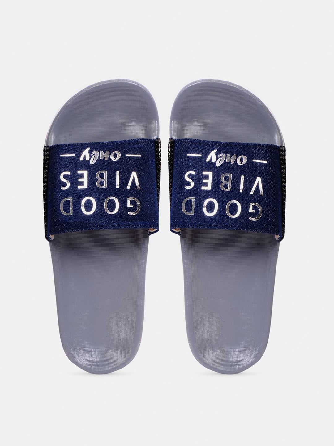 FREECO Women Blue & Grey Printed Sliders Price in India