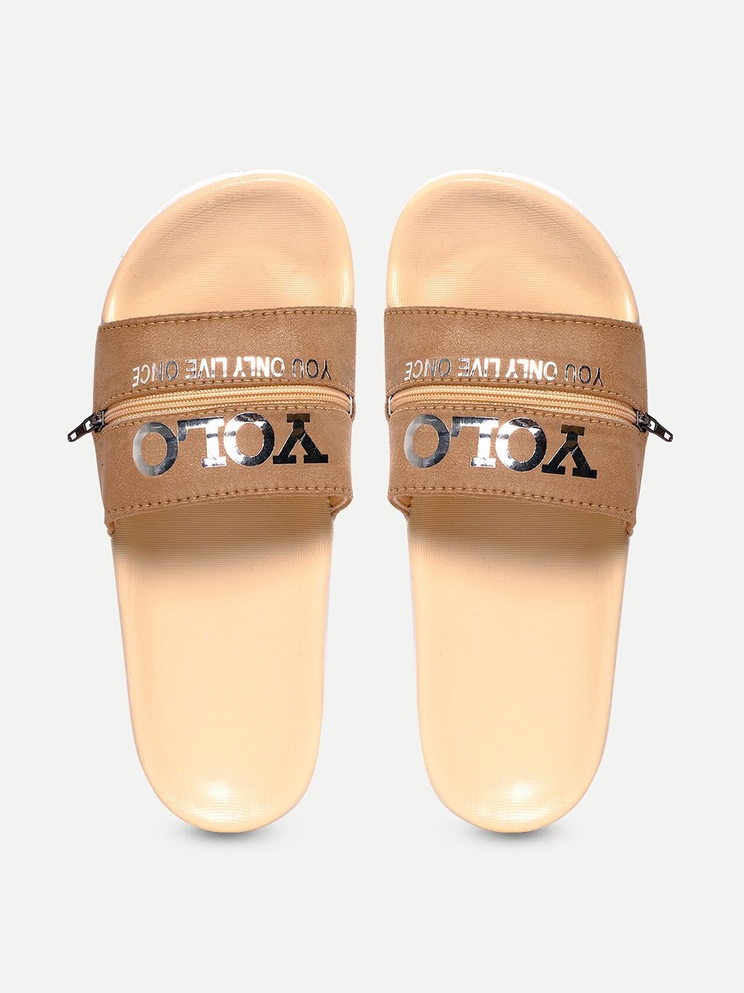 FREECO Women Beige & Brown Printed Sliders Price in India