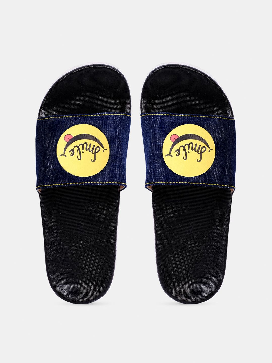 FREECO Women Navy Blue & Yellow Printed Sliders Price in India