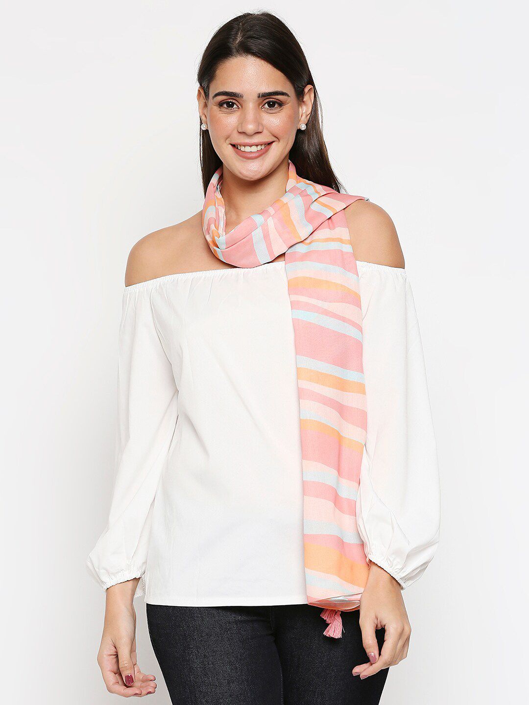 20Dresses Women Pink & Off White Striped Scarf Price in India