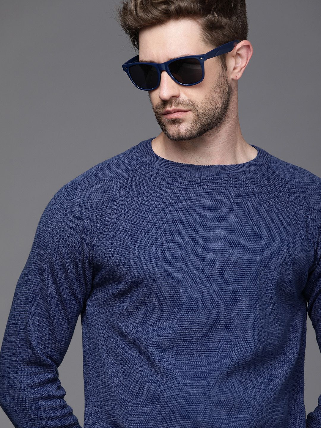 WROGN Men Blue Boucle Pullover Sweater