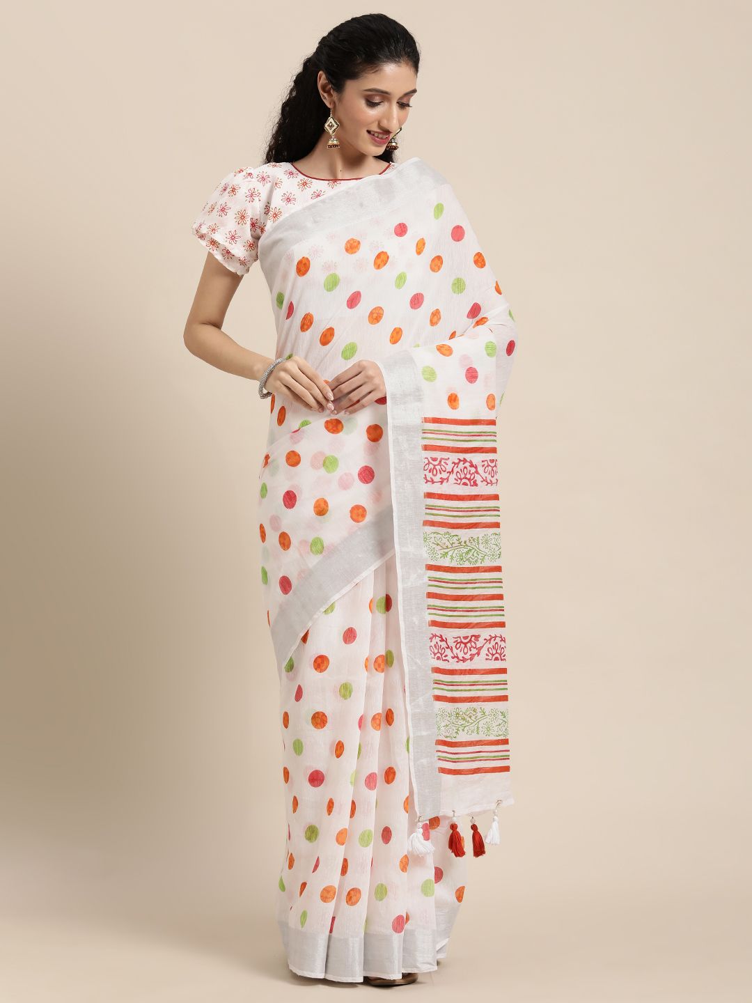 Satrani Off White & Red Polka Dot Printed Saree