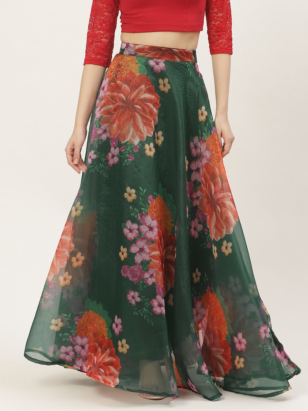 Studio Shringaar Green Floral Printed Organza Skirt