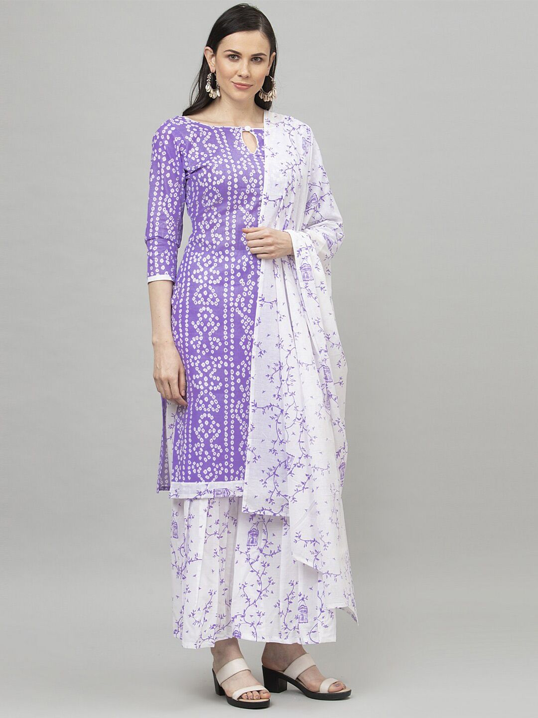 Satrani Purple & White Printed Pure Cotton Unstitched Dress Material Price in India