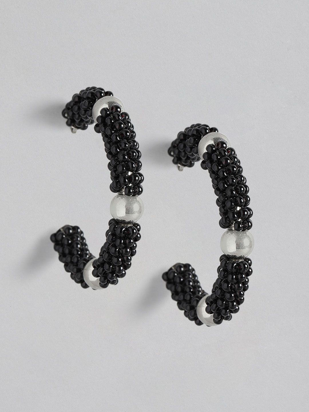 RICHEERA Black & Silver-Toned Half Hoop Earrings Price in India