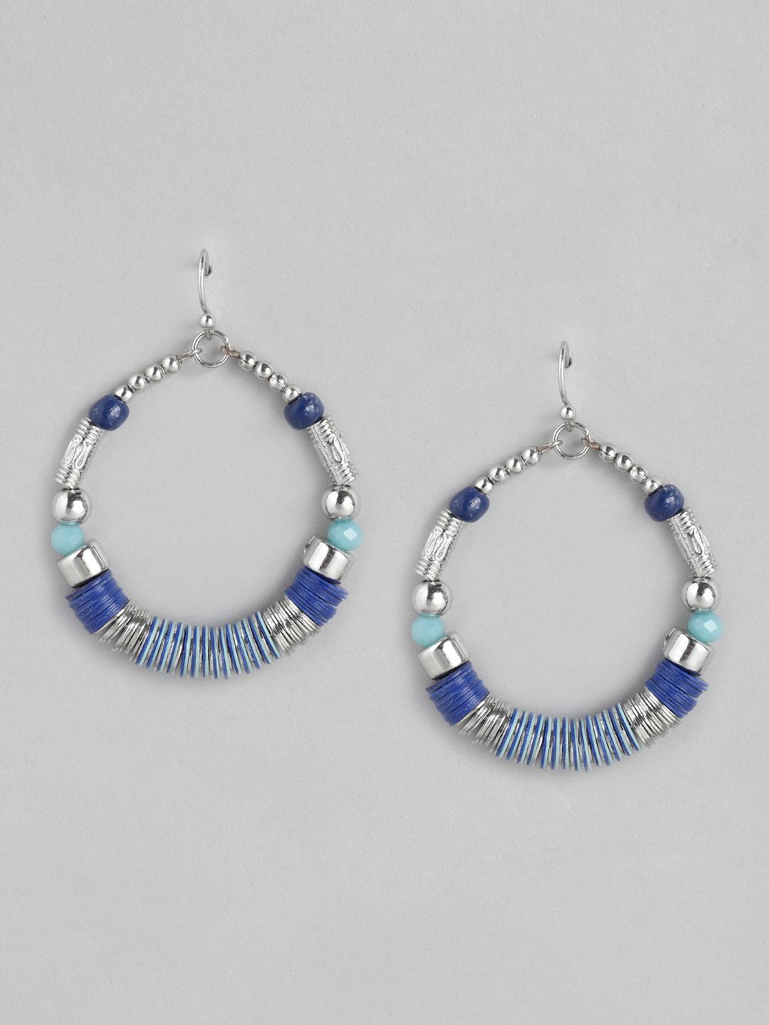 RICHEERA Blue & Silver-Toned Circular Drop Earrings Price in India