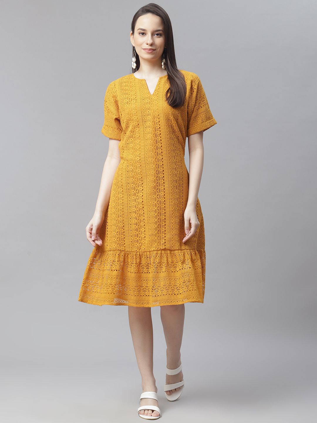 Cottinfab Mustard Yellow Net A-Line Midi Dress Price in India