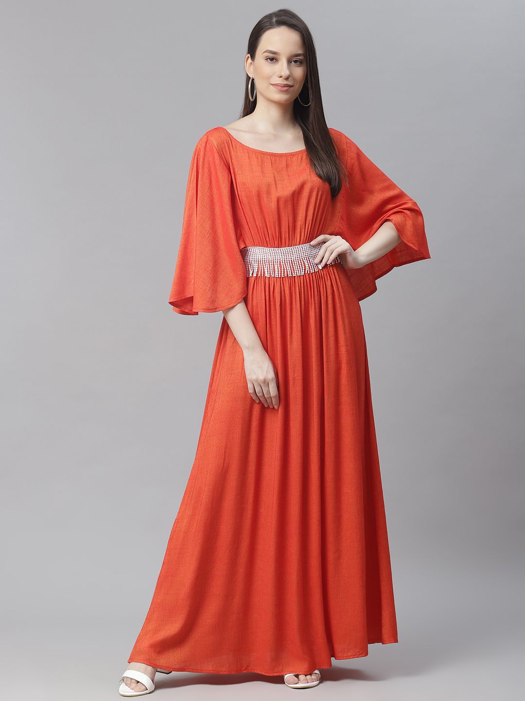 Cottinfab Orange & White Ethnic Maxi Dress Price in India