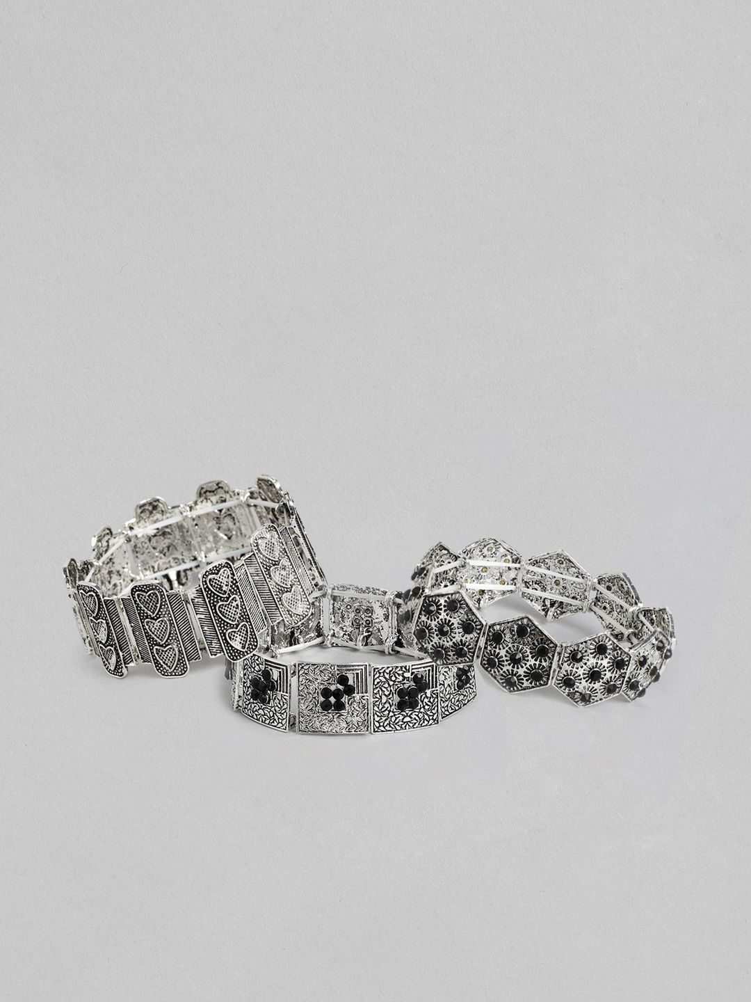 Kord Store Set of 3 Women Silver-Toned & Black Oxidised Charm Bracelet Price in India