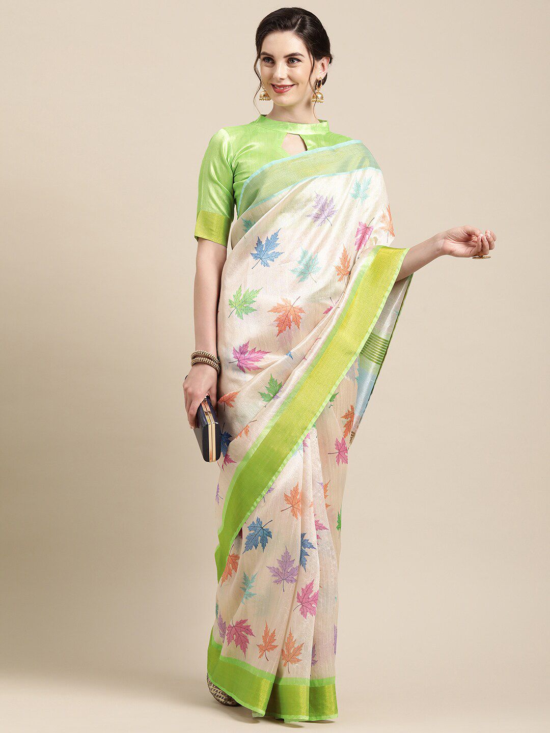 Mitera Cream-Coloured & Green Floral Zari Art Silk Saree Price in India