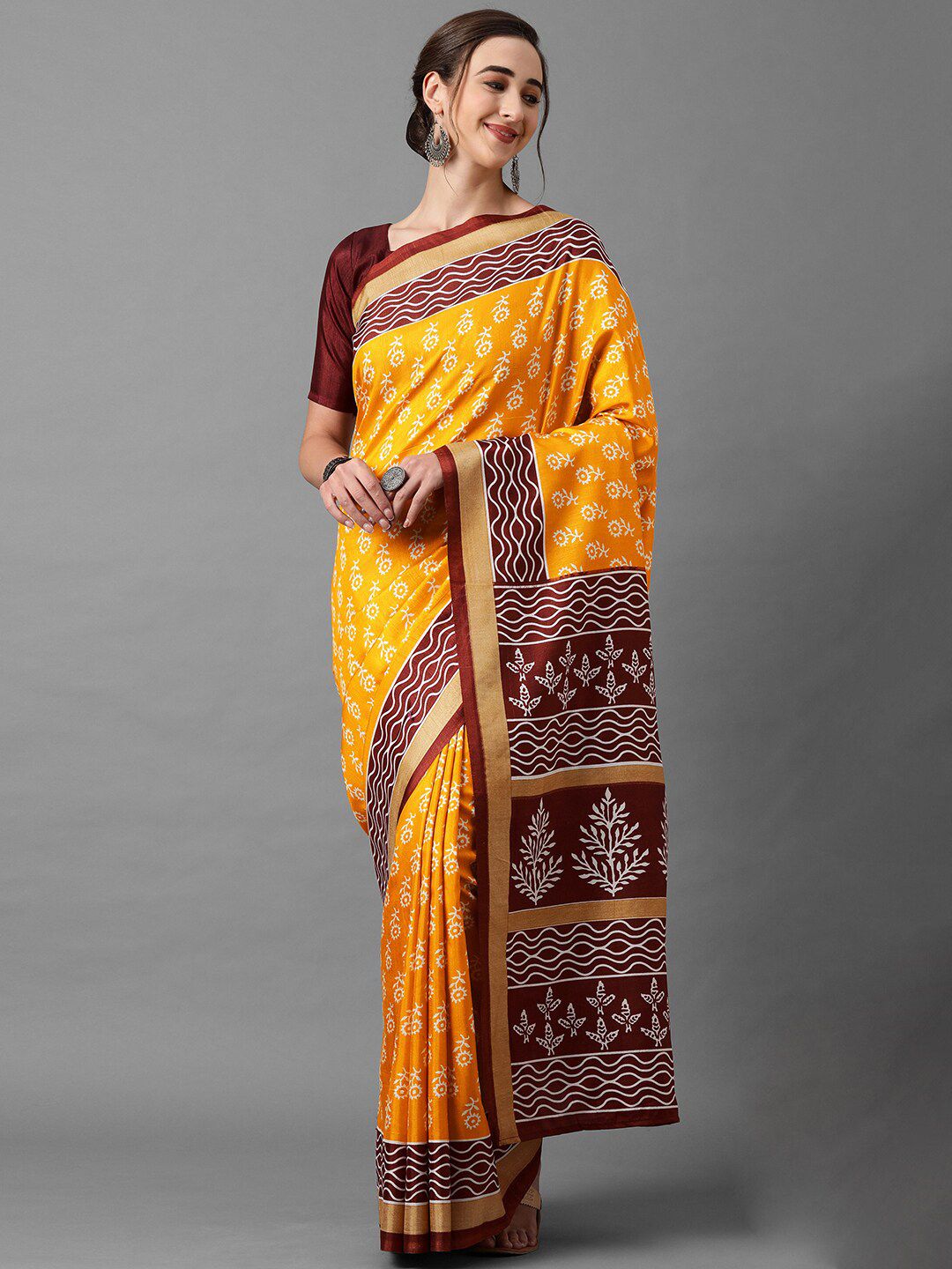 Mitera Mustard & Maroon Floral Zari Art Silk Saree Price in India