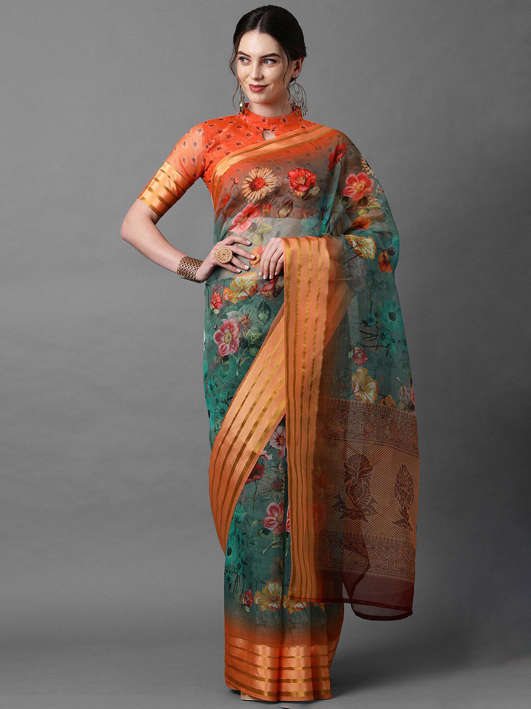 Mitera Green & Orange Floral Zari Organza Saree Price in India