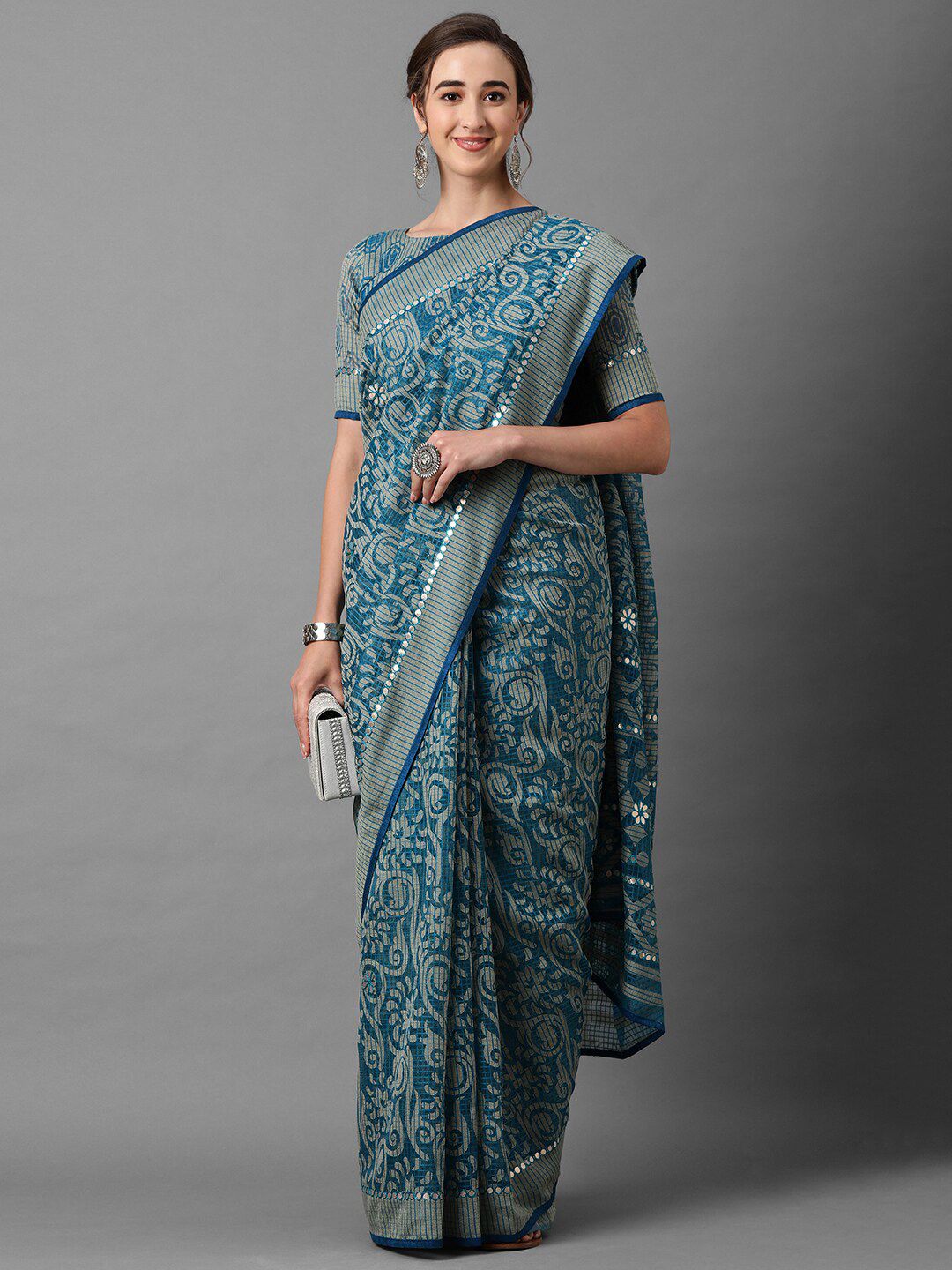 Mitera Blue & Grey Floral Gotta Patti Brasso Saree Price in India