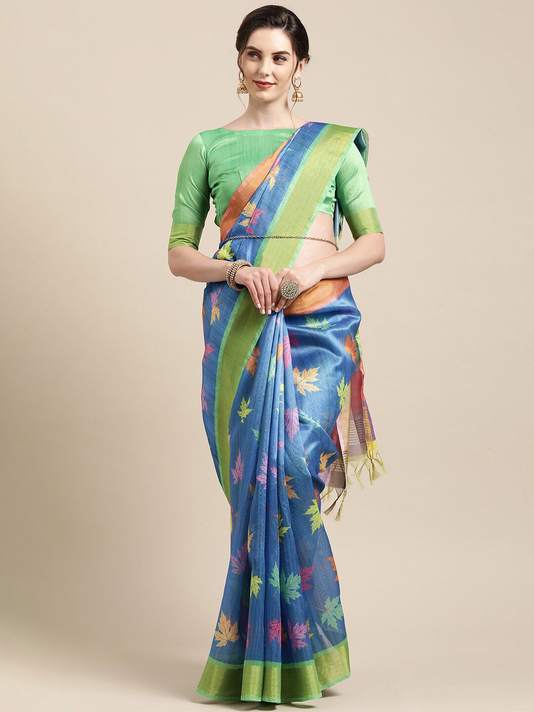 Mitera Blue & Green Floral Art Silk Saree Price in India