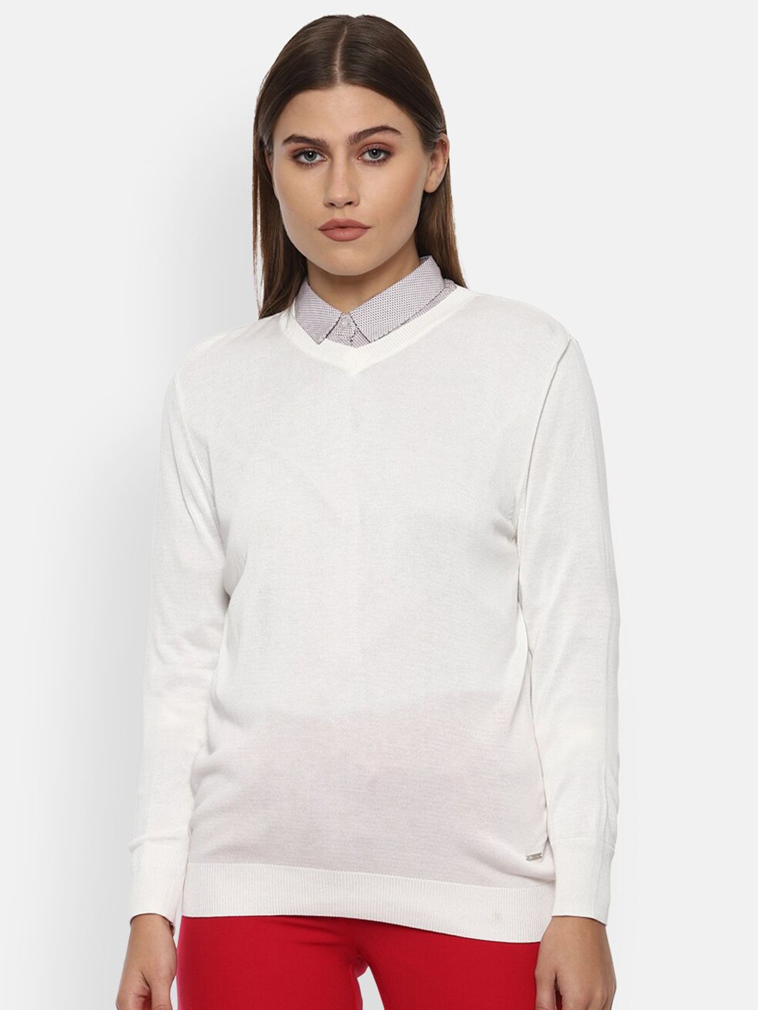 Van Heusen Woman Women White Solid V-Neck Sweater Price in India